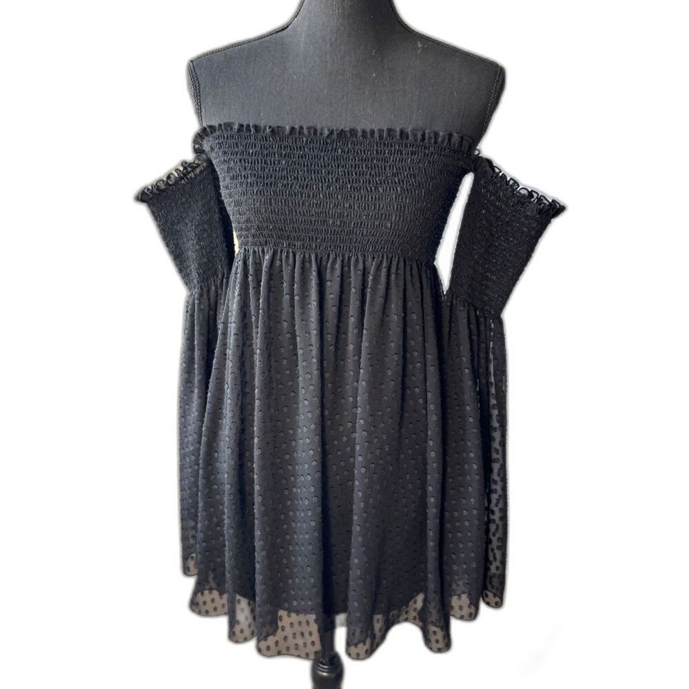 Size M Vintage Betsey Johnson off-the-shoulder bell sleeve babydoll dress 10519
